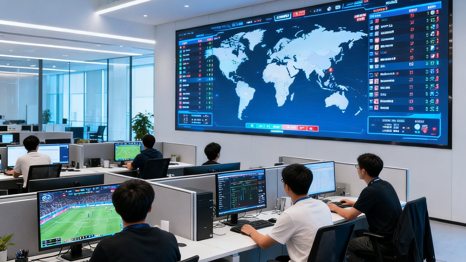华体会体育马尼拉总部现代化办公空间，技术团队在开放式工位上分析赛事数据，墙面大屏实时显示全球比赛进程
