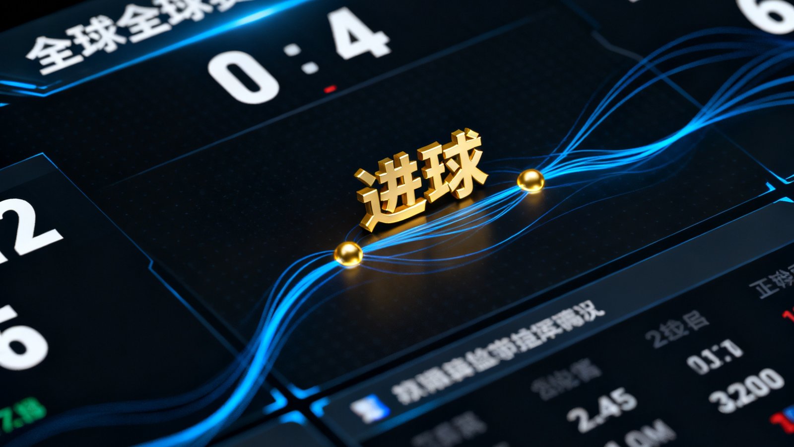 华体会体育数据大屏以深色界面展示全球赛事实时比分与动态数据流，金色高亮关键进球节点，科技感十足